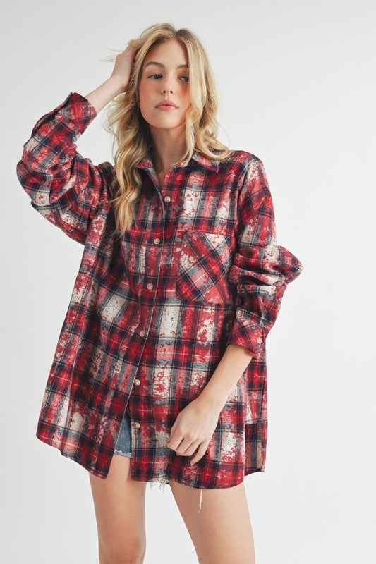 Aemi + Co Washed Plaid Button Up Raglan Sleeve Flannel Shirt - Damned Threads