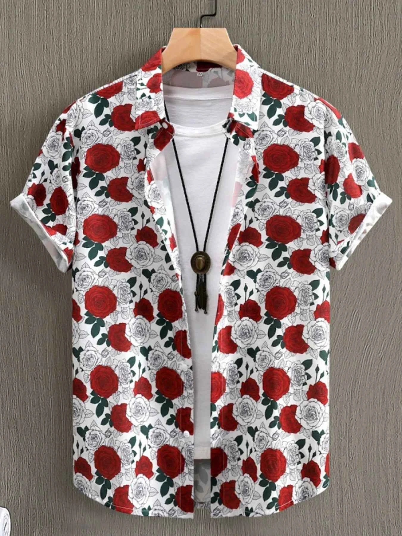 Men's Rose Print Short Sleeve Button-Up Shirt