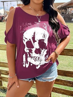 Plus Size Skeleton Graphic Round Neck Cold Shoulder T-Shirt - Damned Threads
