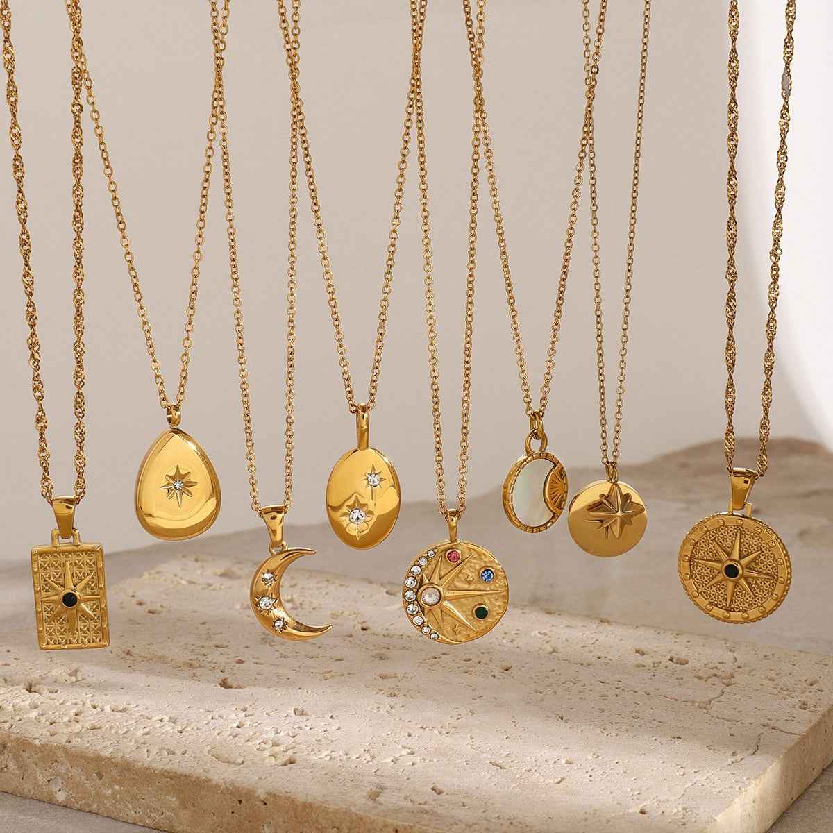 18K Gold Moon And Star Inlaid Gemstone Necklace - Damned Threads