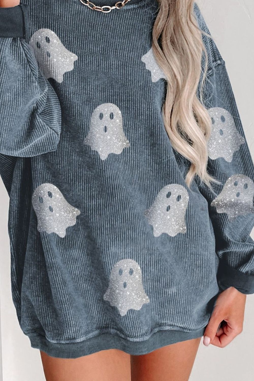 Glitter Ghost Round Neck Long Sleeve Sweatshirt - Damned Threads