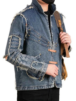 Men's Plus Size Studded Denim Jacket with Frayed Details
