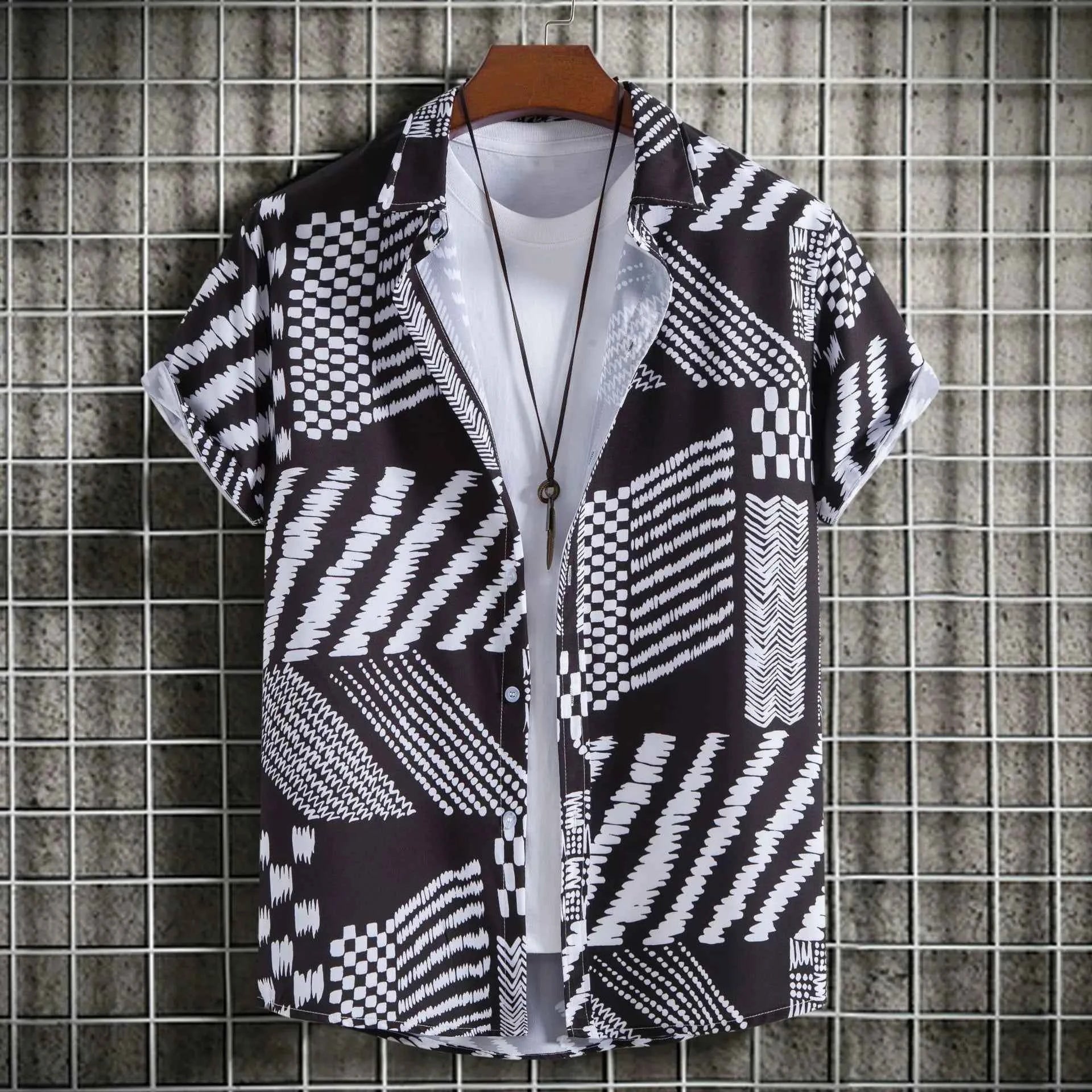 Men's Plus Size Geometric Pattern Short Sleeve Button-Up Shirt