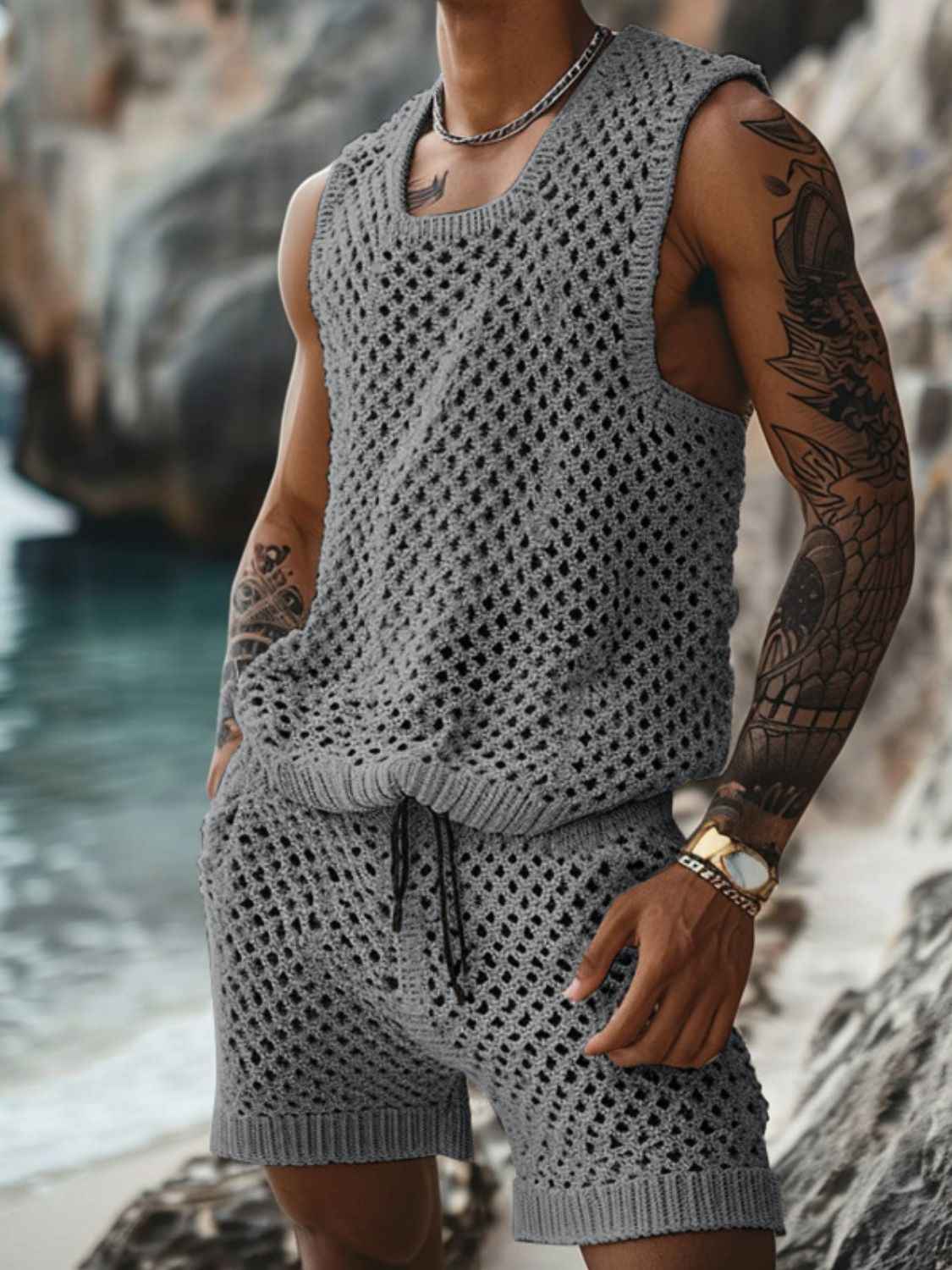 Men's Plus Size Hollow Out Round Neck Tank and Shorts Set - Damned Threads
