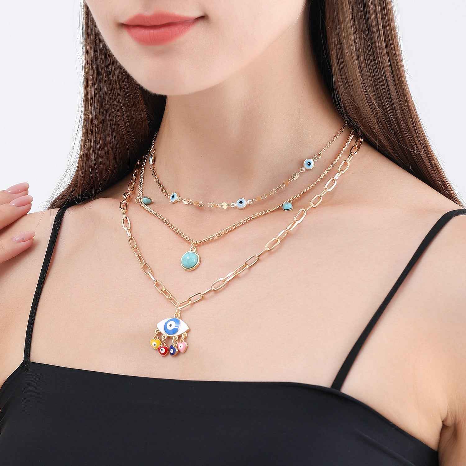 18K Gold Multi-Layer Chain With Devil's Eye AKA (Evil Eye) - Wards Off Evil - Damned Threads