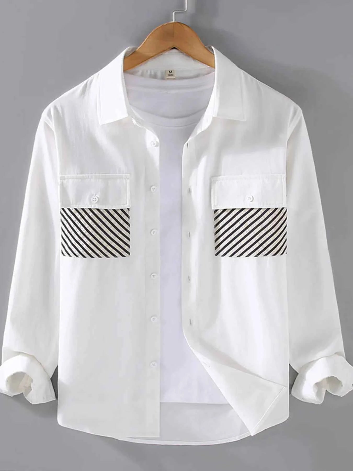 Men's Plus Size Button-Down Shirt with Striped Pocket Detail