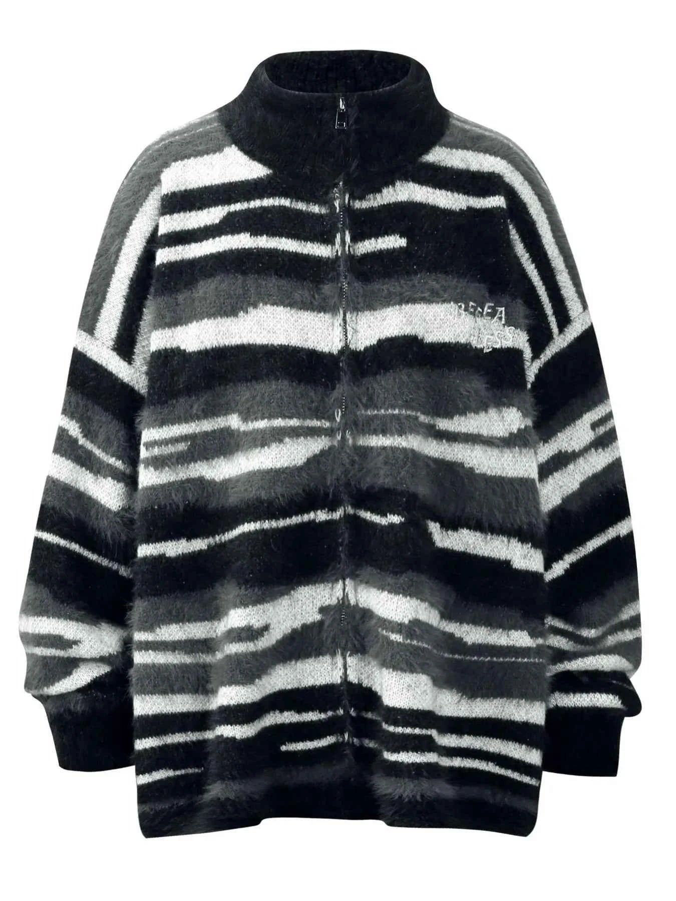 Men's Striped Fuzzy Zip-Up Cardigan