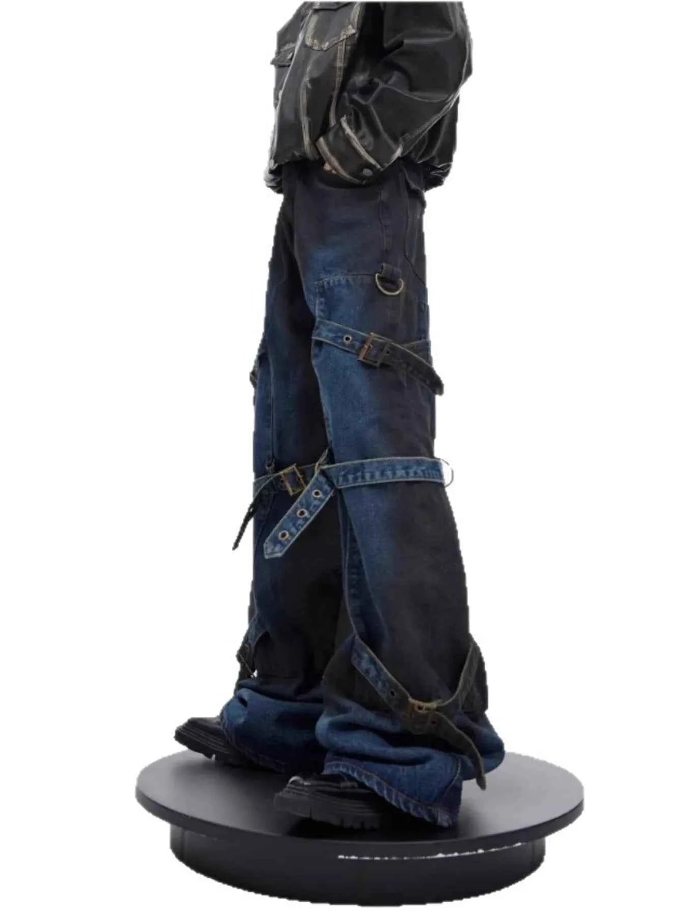 Men's Plus Size Buckle Strap Washed Flare Jeans