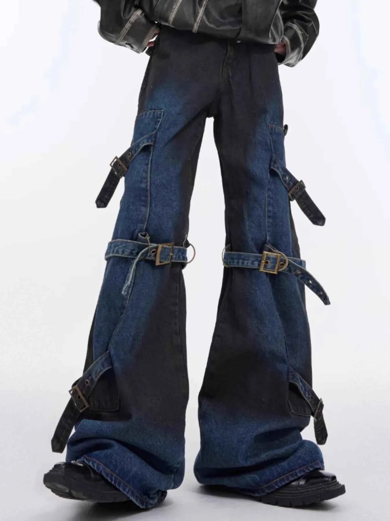 Men's Plus Size Buckle Strap Washed Flare Jeans
