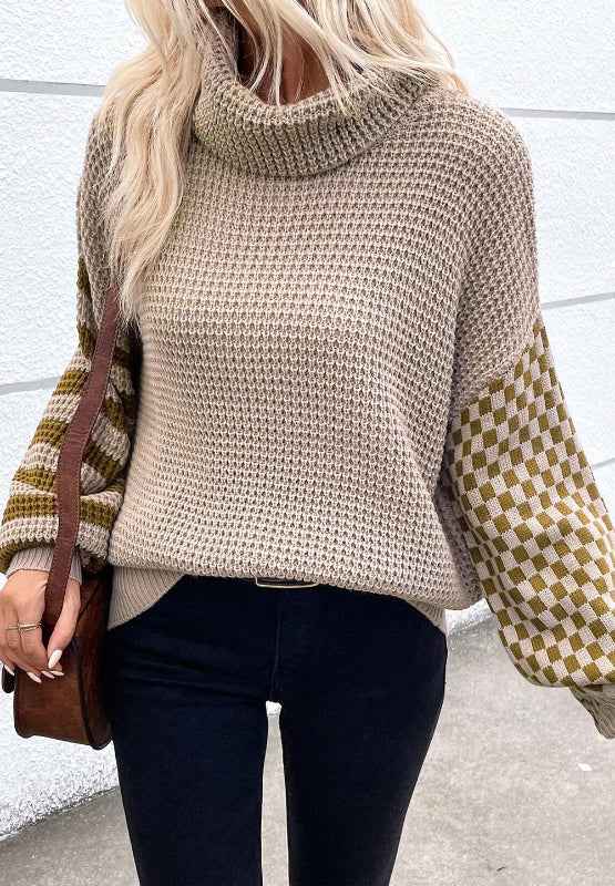 Striped & Checkered Turtleneck Dropped Shoulder Sweater - Damned Threads