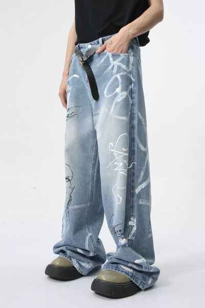 Mid Rise Graffiti Print Distressed Wide Leg Jeans - Damned Threads