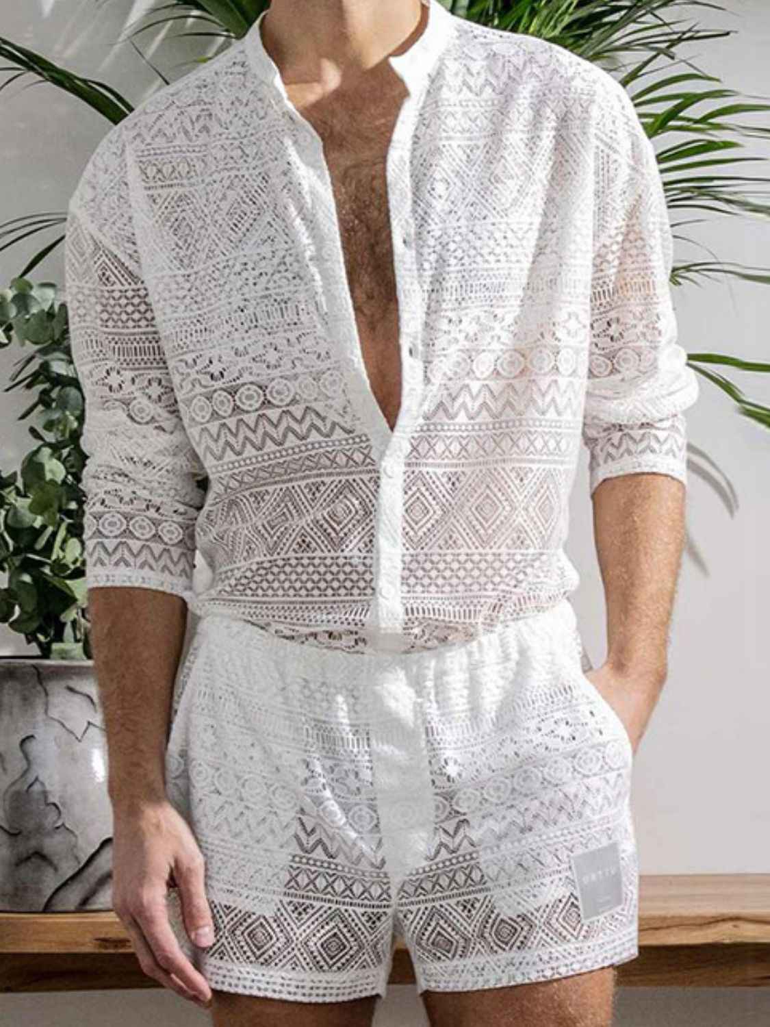Men's Full Size Lace Button Down Top and Shorts Set Plus Size - Damned Threads