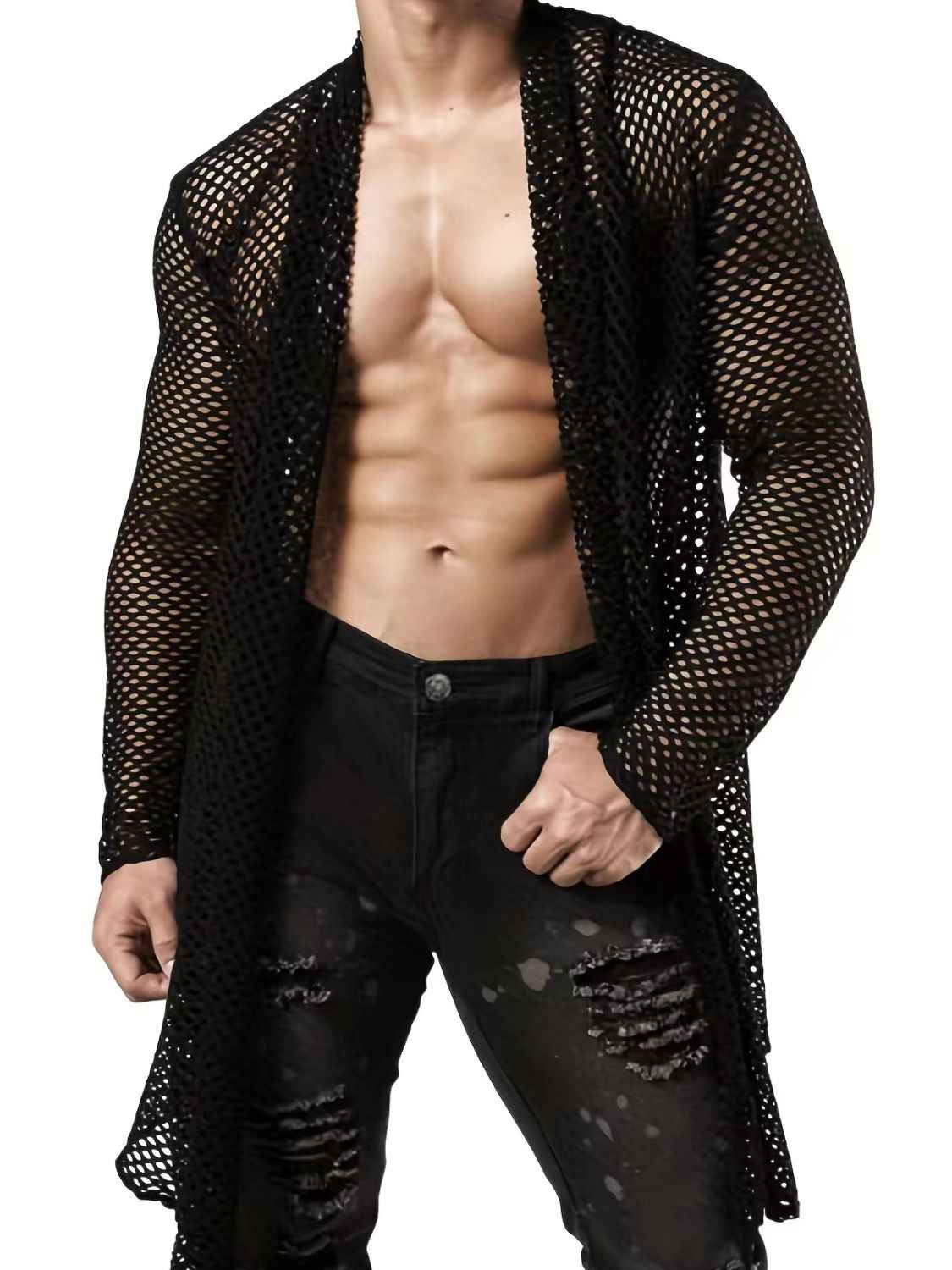 Men's Openwork Open Front Long Sleeve Cover-Up - Damned Threads