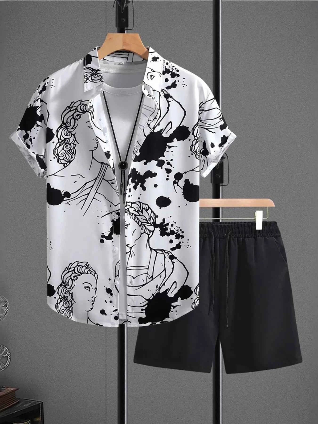 Men's Printed Button Up Shirt and Shorts Set