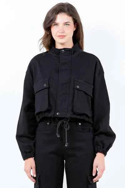 American Bazi Full Size Drawstring Hem Cargo Pocket Cropped Worker Jacket Plus Size - Damned Threads