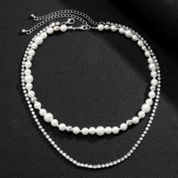 Double-Layered Pearl & Rhinestone Chain Necklace - Damned Threads