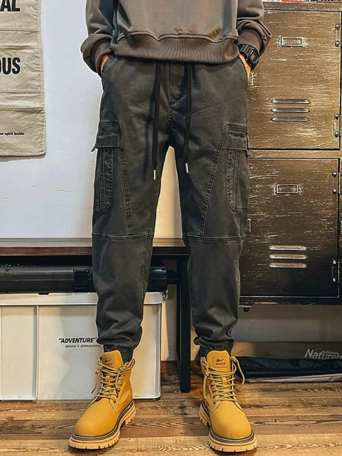 Men's Plus Size Drawstring Pants with Cargo Pockes