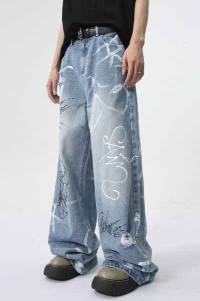 Mid Rise Graffiti Print Distressed Wide Leg Jeans - Damned Threads