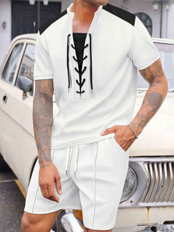 Men's Full Size Lace-Up Waffle Knit Top and Shorts Set Plus Size - Damned Threads