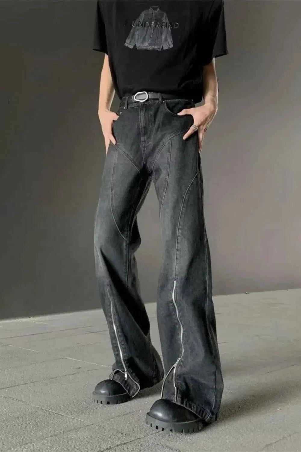 Men's Plus Size Washed Flare Jeans with Zipper Detail