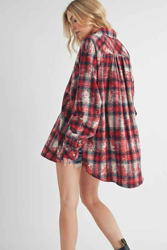 Aemi + Co Washed Plaid Button Up Raglan Sleeve Flannel Shirt - Damned Threads
