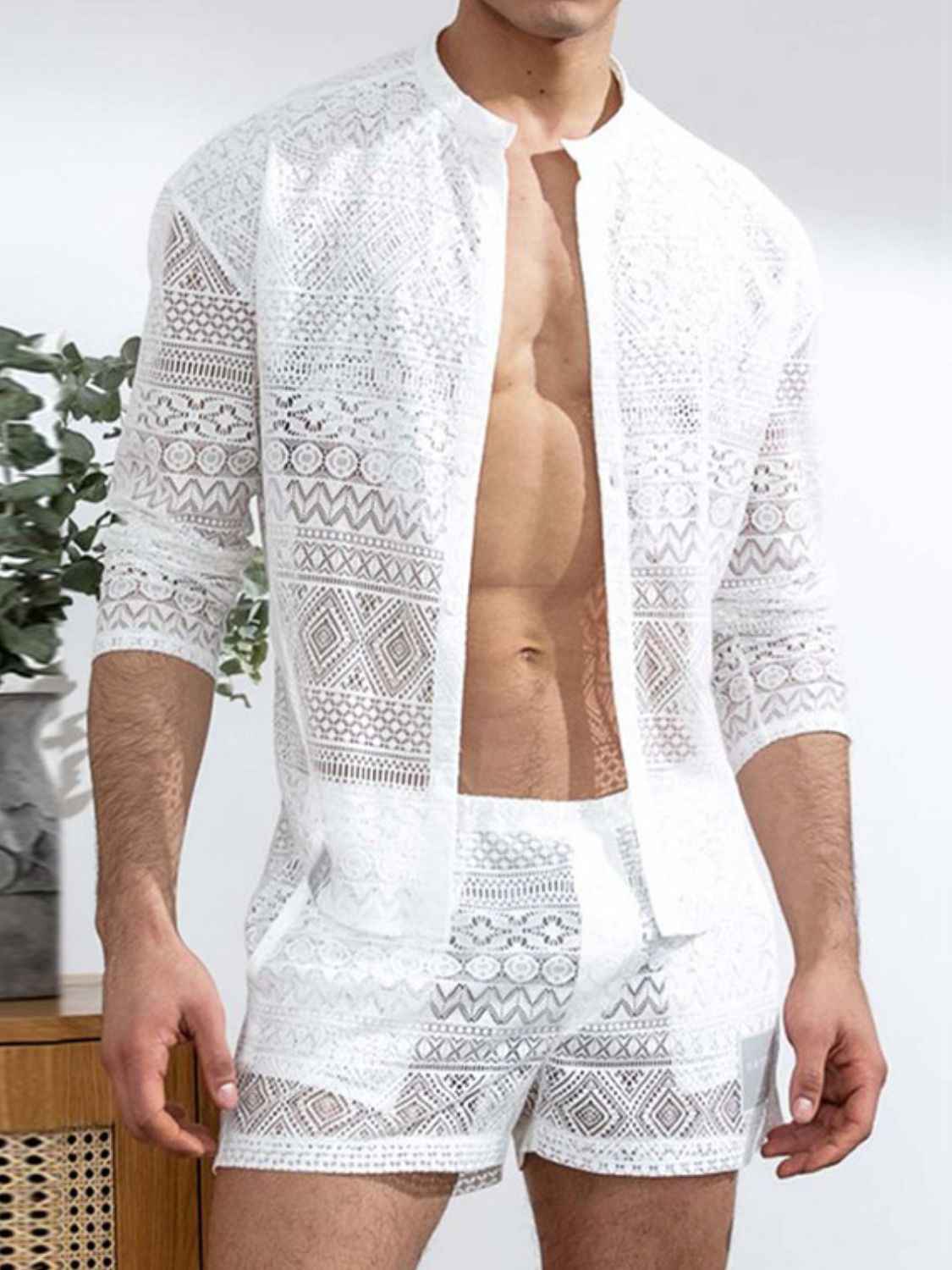 Men's Full Size Lace Button Down Top and Shorts Set Plus Size - Damned Threads