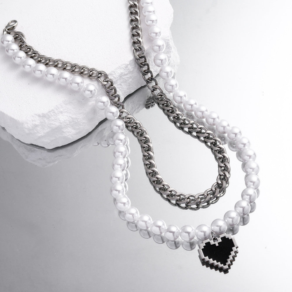Double-Layer Chain & Pearl Heart Pendant Necklace - Damned Threads
