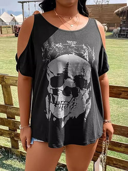 Plus Size Skeleton Graphic Round Neck Cold Shoulder T-Shirt - Damned Threads