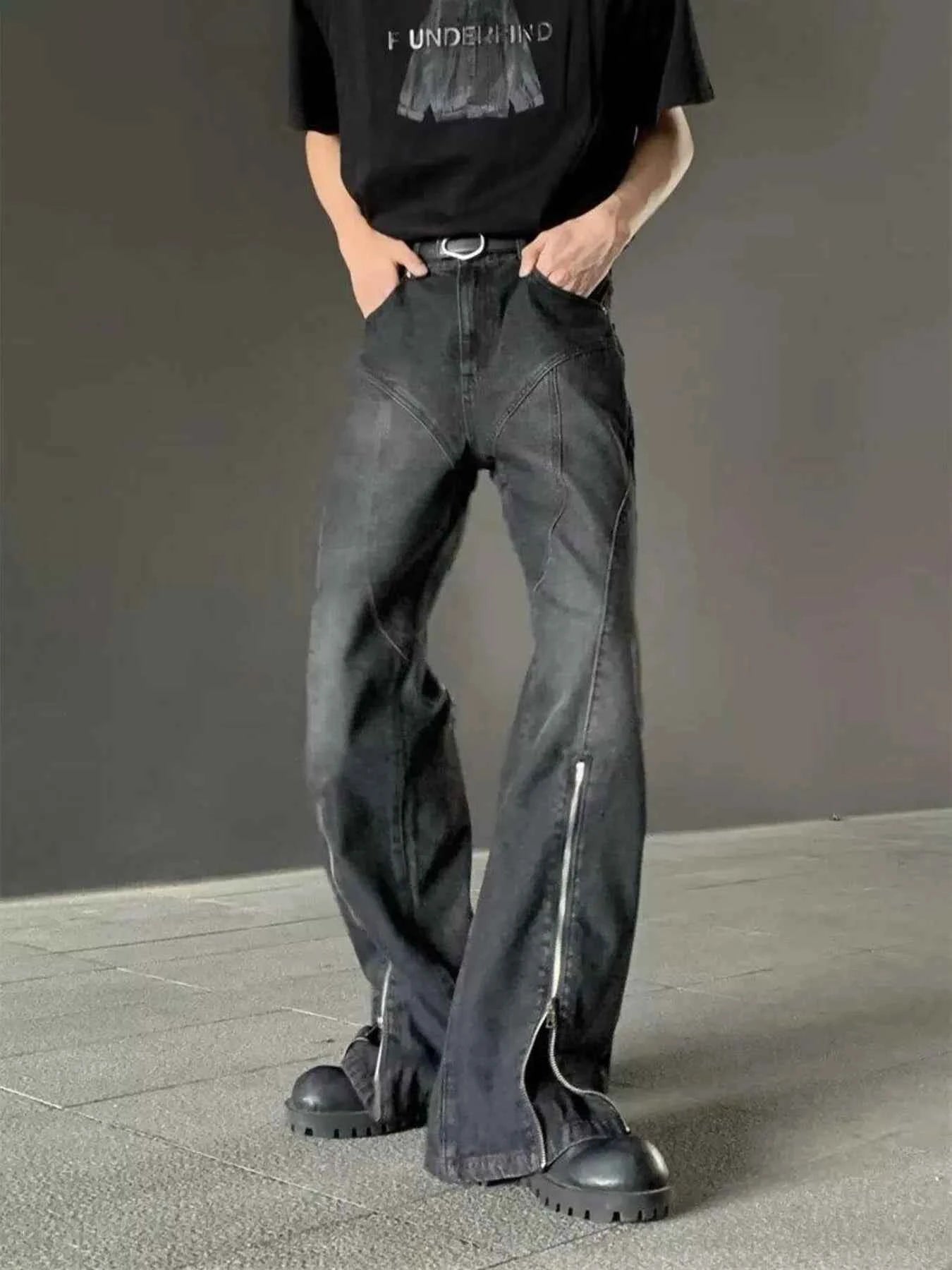 Men's Plus Size Washed Flare Jeans with Zipper Detail