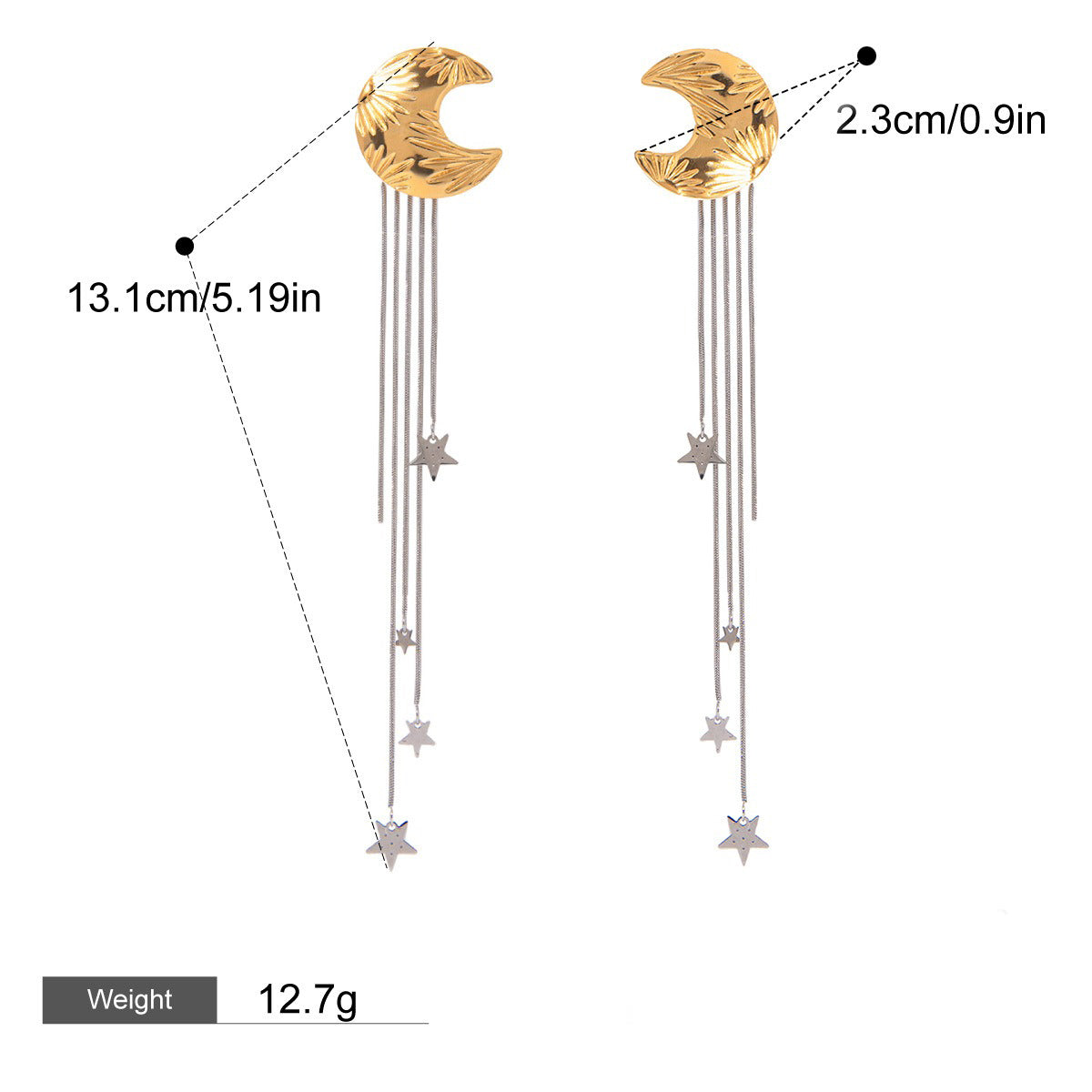 18K Gold Moon & Star Earrings With Star Tassels - Damned Threads