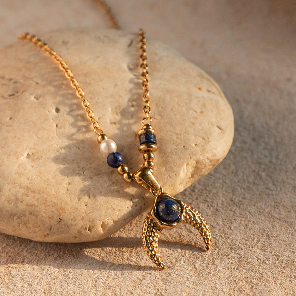 Inlaid Pearl Lapis Lazuli Horn Pendant Necklace - Damned Threads