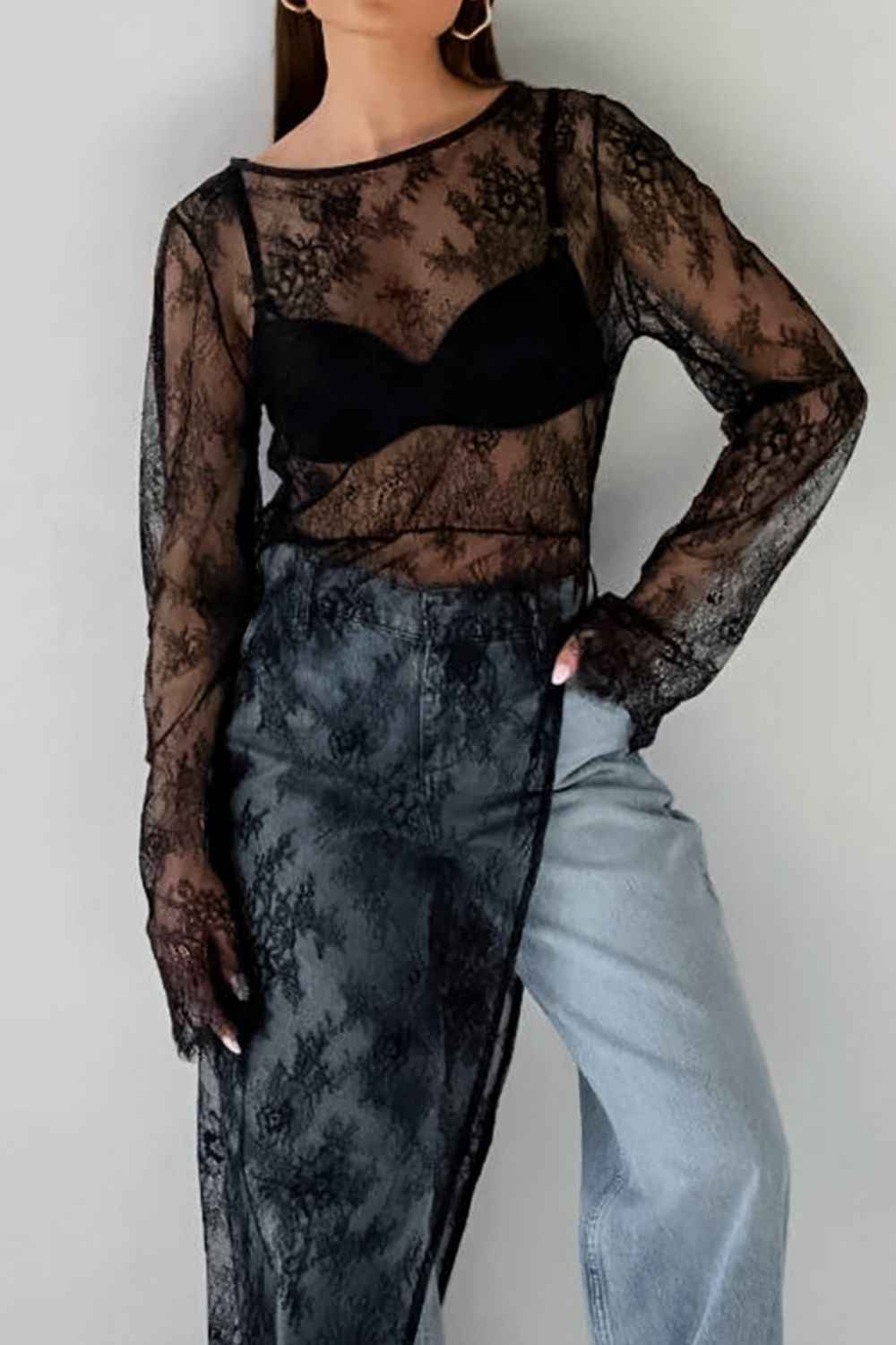 Fringe Round Neck Long Sleeve Lace Sheer Top - Damned Threads