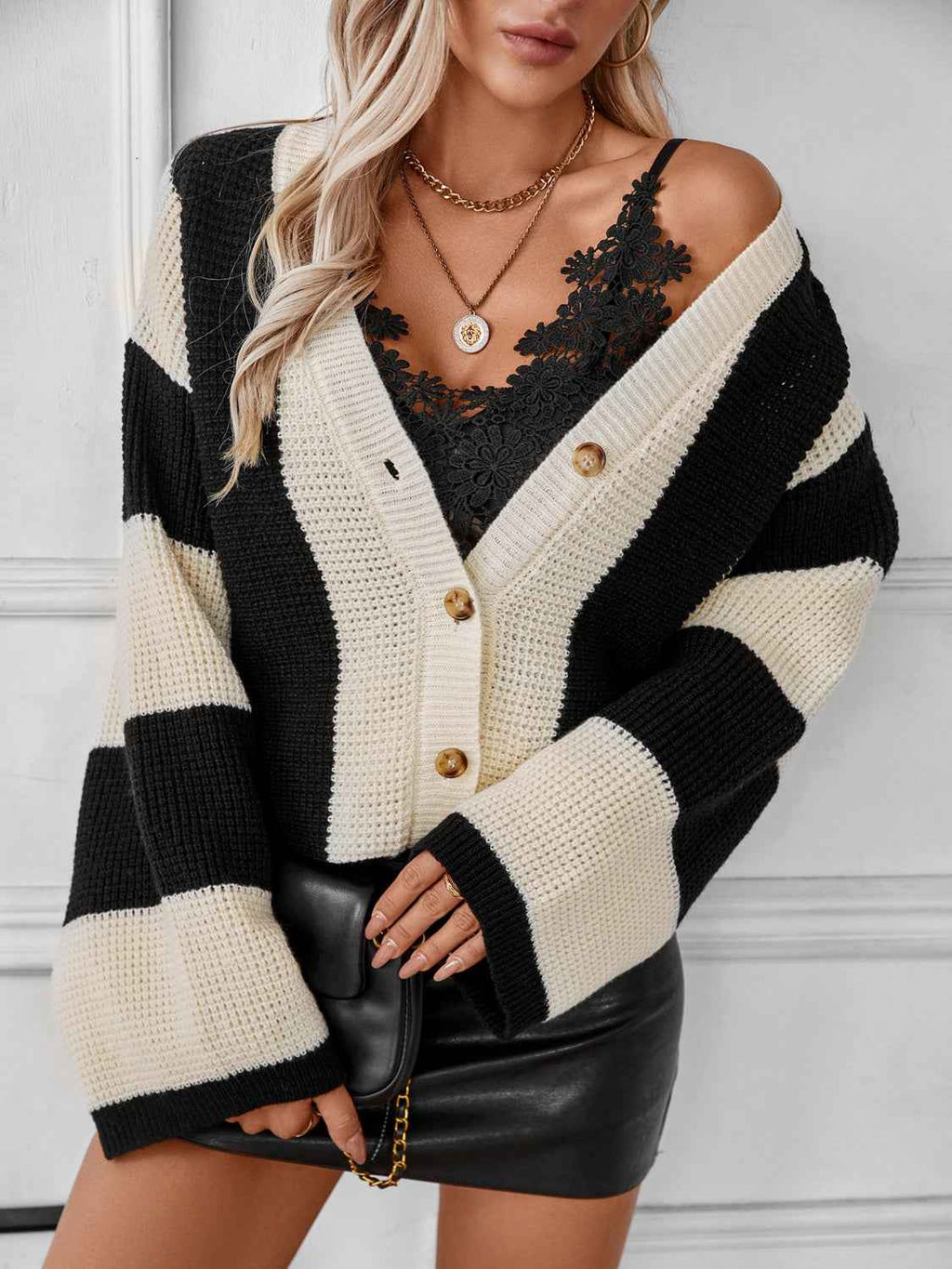 Waffle-Knit V-Neck Striped Long Sleeve Cardigan - Damned Threads