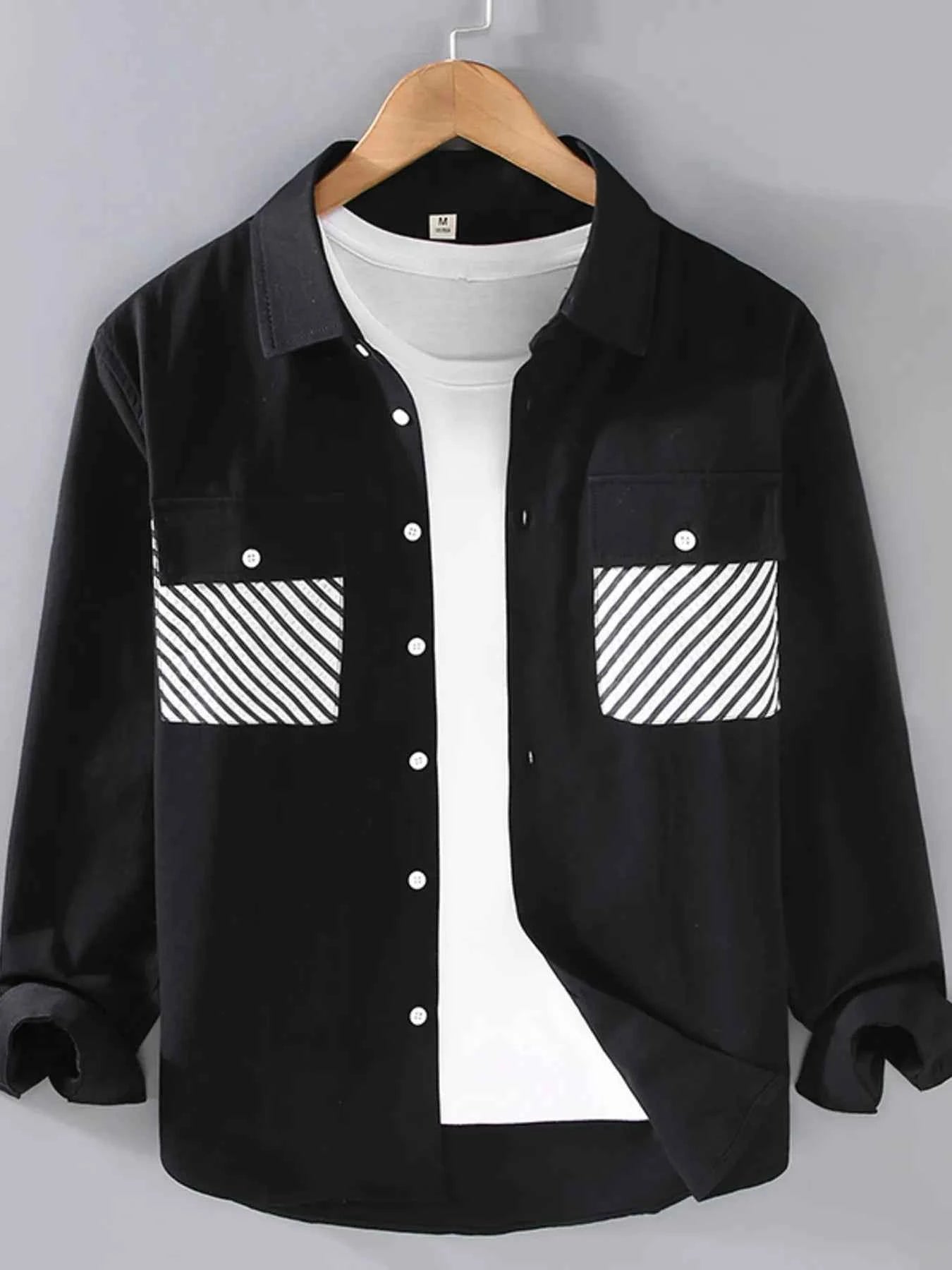 Men's Plus Size Button-Down Shirt with Striped Pocket Detail