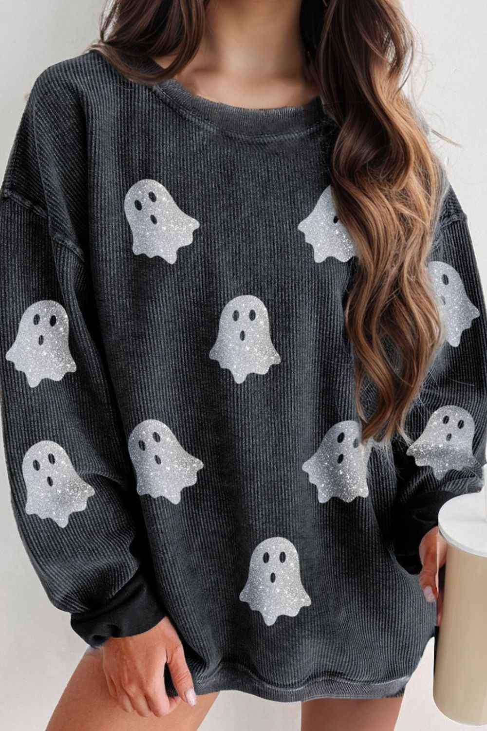 Glitter Ghost Round Neck Long Sleeve Sweatshirt - Damned Threads