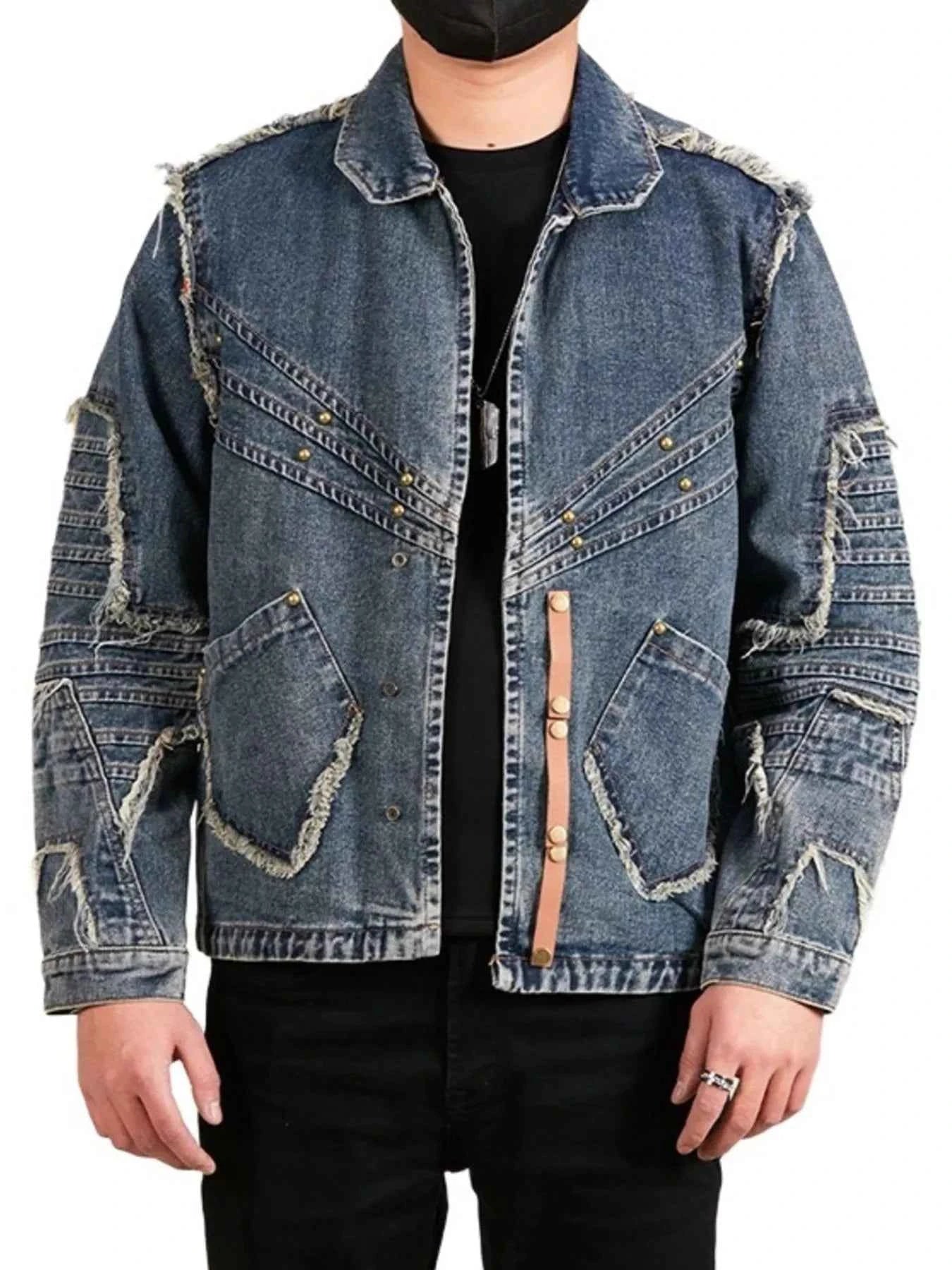 Men's Plus Size Studded Denim Jacket with Frayed Details
