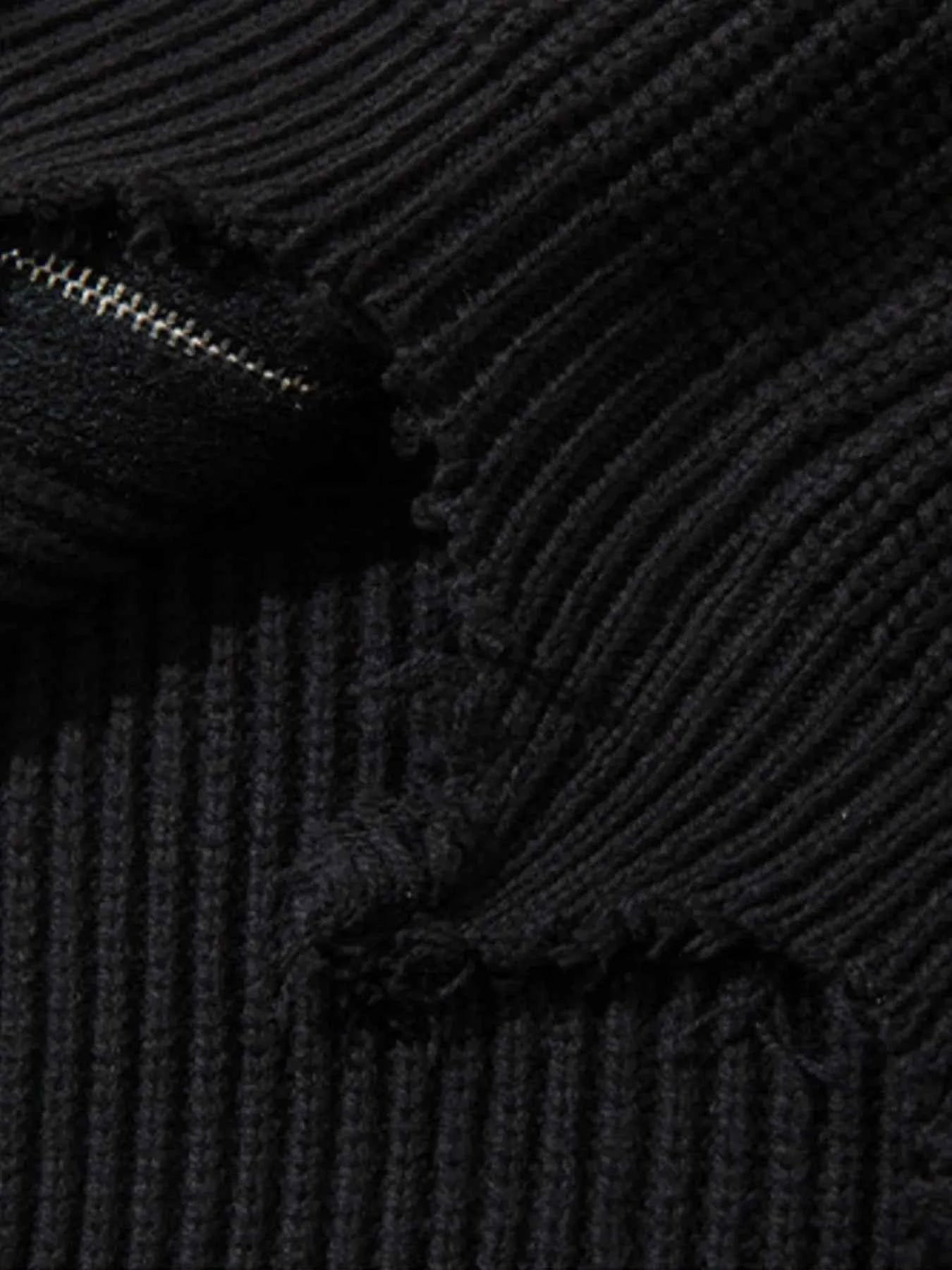 Men's Distressed Hem Ribbed Knit Zip-Up Cardigan