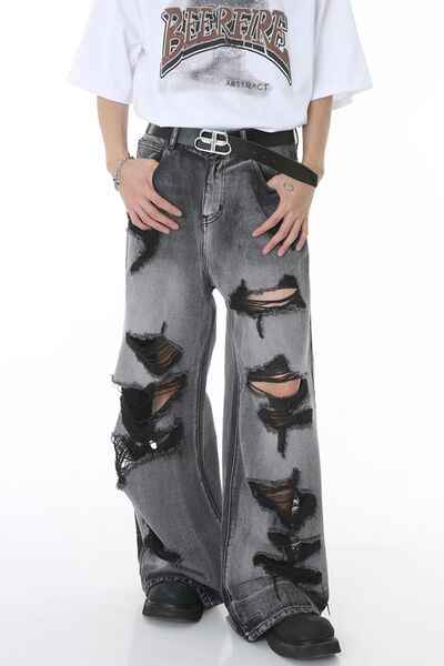 Distressed Wide Leg Jeans with Pockets - Damned Threads
