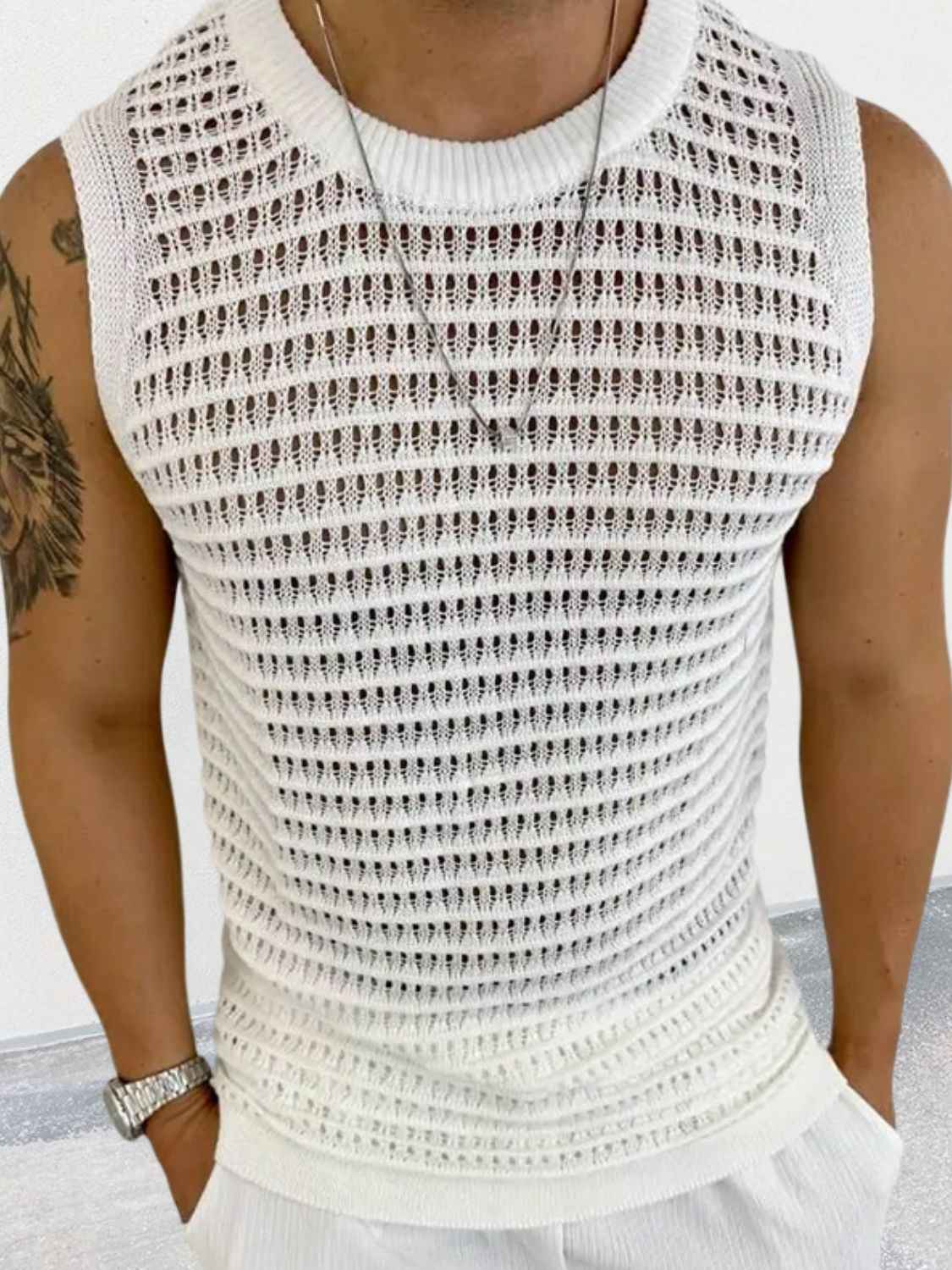 Men's Round Neck Hollow Out Sleeveless Knit Top - Damned Threads
