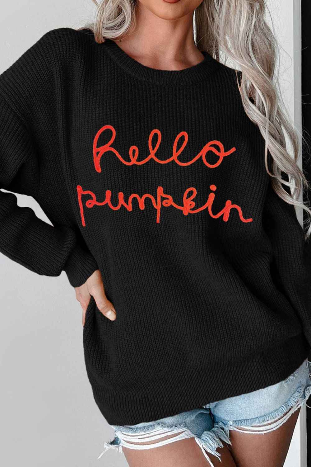 HELLO PUMPKIN Round Neck Long Sleeve Sweater - Damned Threads