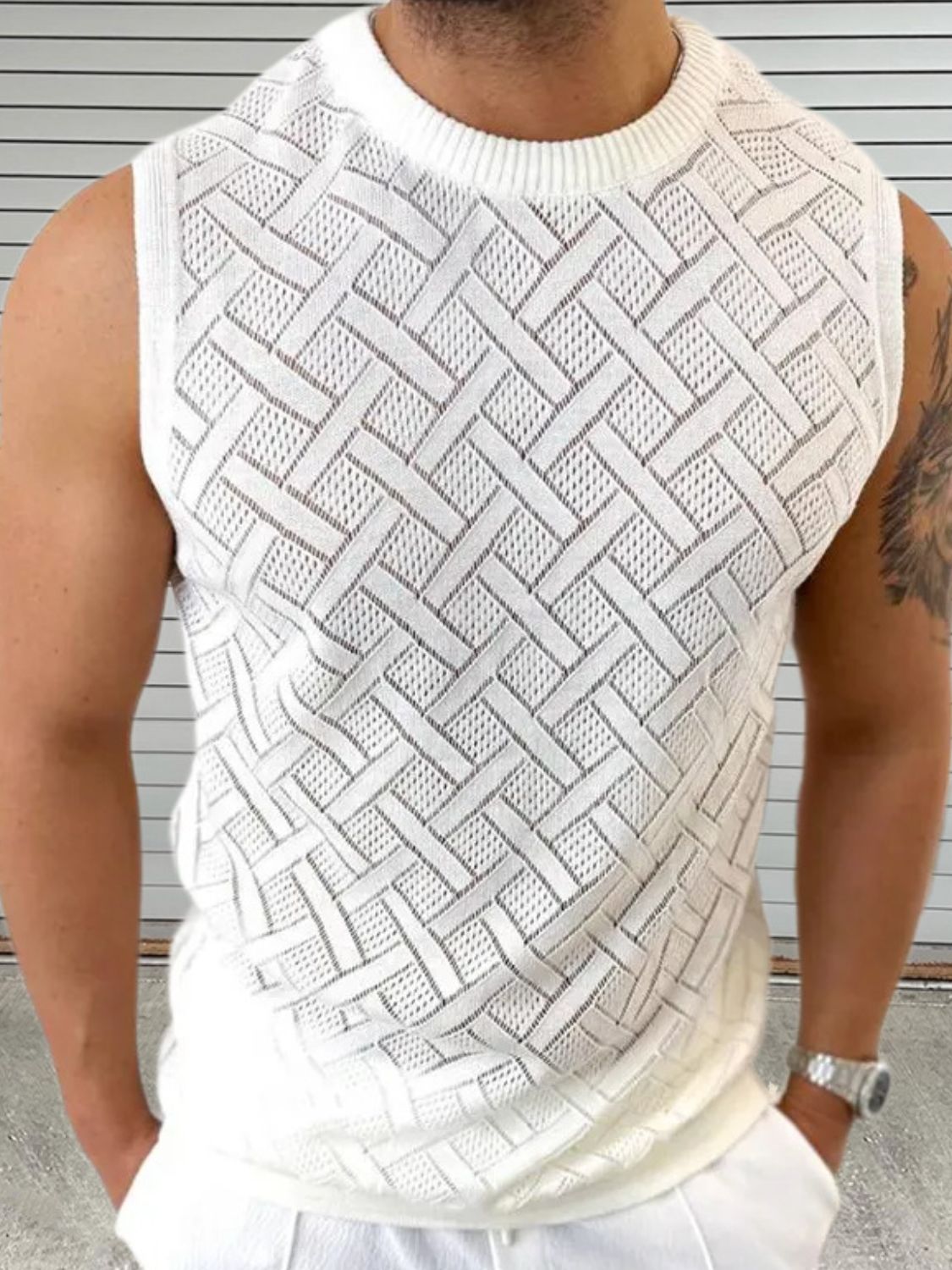 Men's Round Neck Sleeveless Eyelet Knit Top - Damned Threads