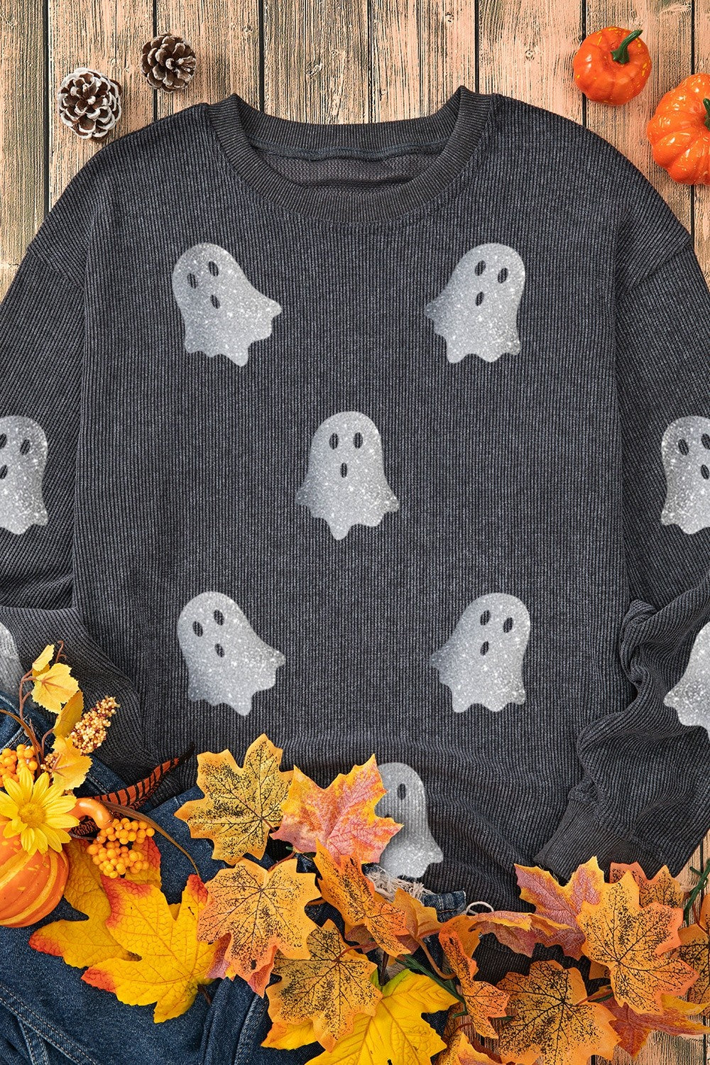 Glitter Ghost Round Neck Long Sleeve Sweatshirt - Damned Threads
