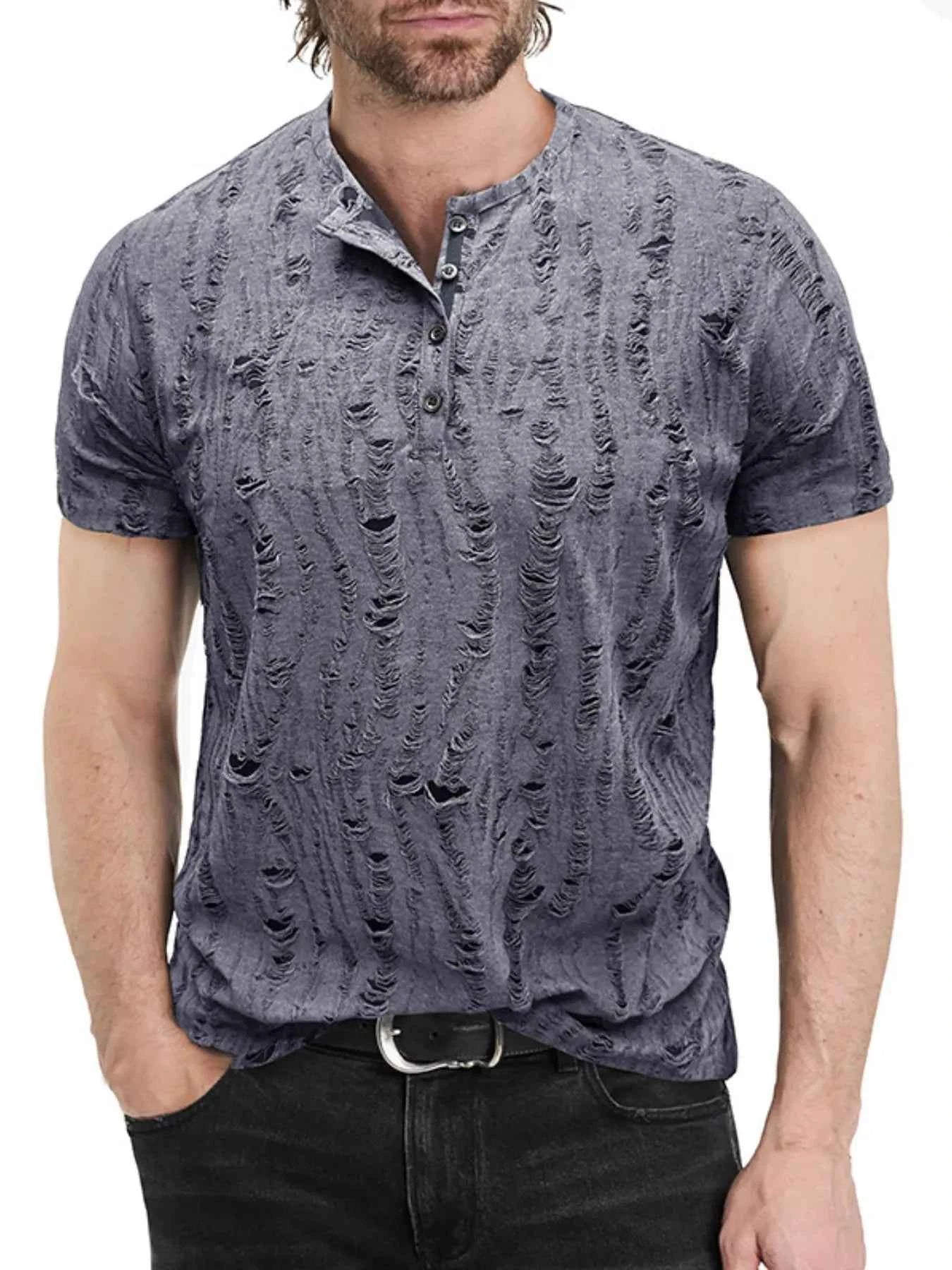 Men's Distressed Henley Short Sleeve Top