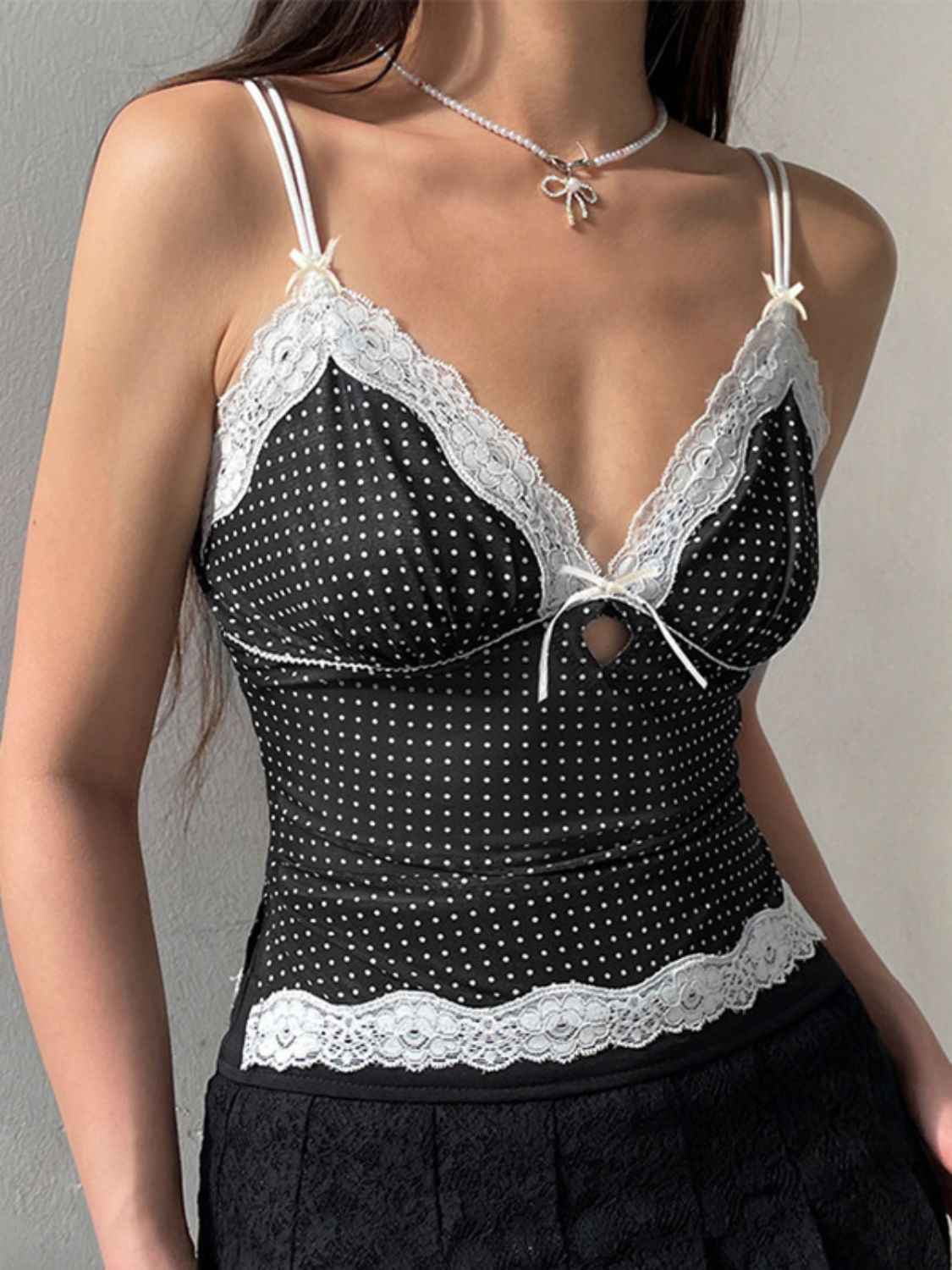 Devine Lace Detail Polka Dot V-Neck Cami - Damned Threads