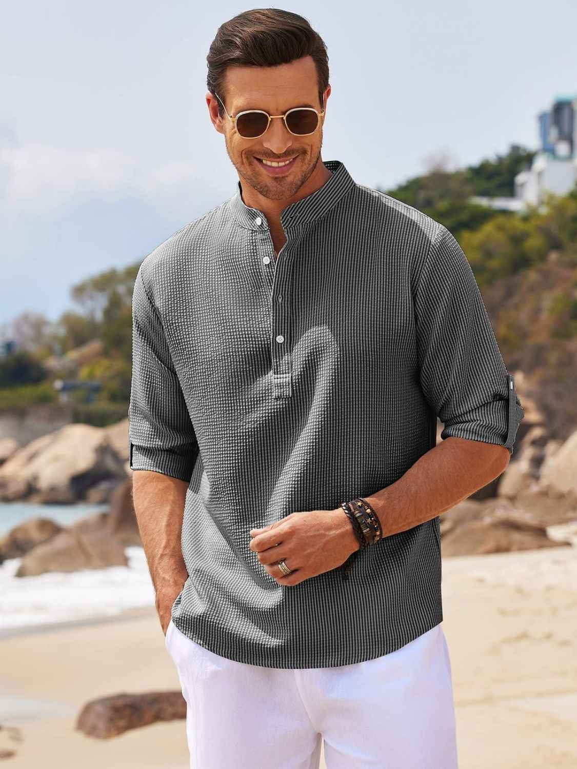 Men's Full Size Half Button Long Sleeve Shirt Plus Size - Damned Threads