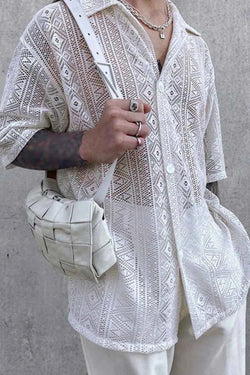 Men's Full Size Lace Half Sleeve Button Down Shirt Plus Size - Damned Threads