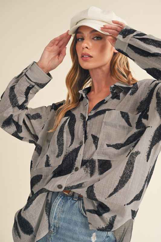 Aemi + Co High-Low Printed Button Up Long Sleeve Shirt - Damned Threads