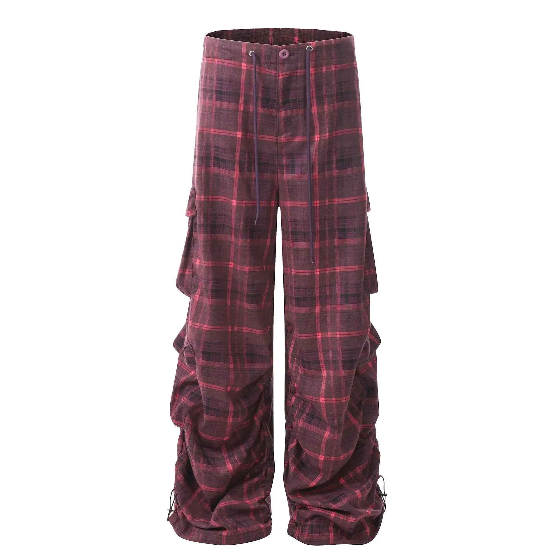 Men's Plaid Ruched Wide Leg Pants