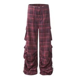 Men's Plaid Ruched Wide Leg Pants