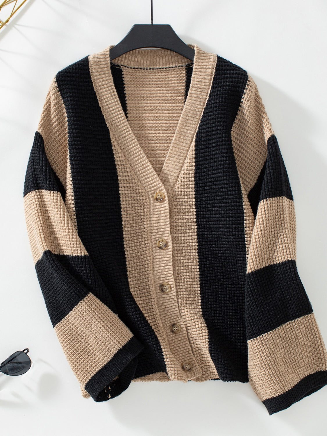 Waffle-Knit V-Neck Striped Long Sleeve Cardigan - Damned Threads
